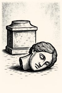 Kopf einer Statue, der vom Sockel gefallen ist im Comicstil